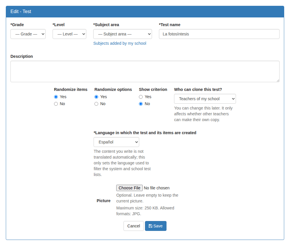 The form where a test is created