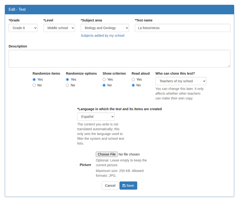 The form where a test is created